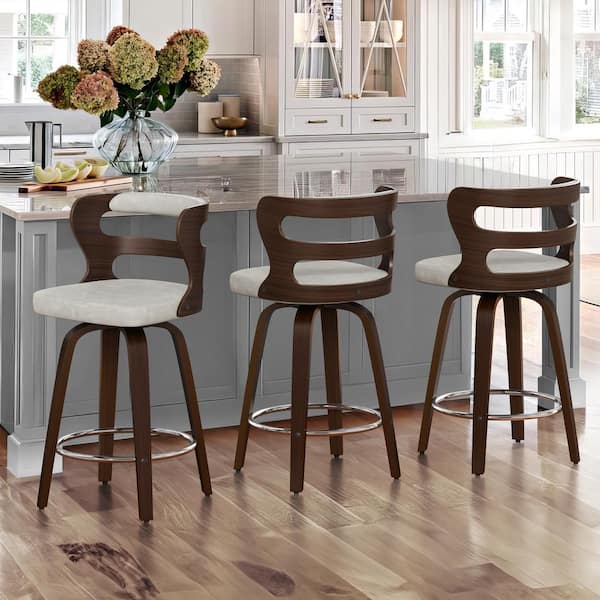 cozyman 26 in. Light Beige Gray Faux Leather and Deep Walnut Wood Mid-Century Modern Swivel Counter Height Bar Stool (Set of 3)