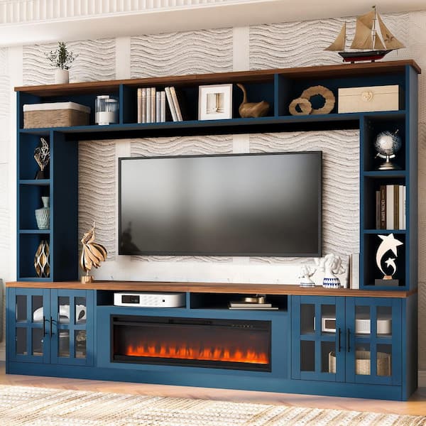 Navy Blue TV Stand Entertainment Center Fits TVs up to 80 in. with Electric Fireplace Cabinets, Bookshelves