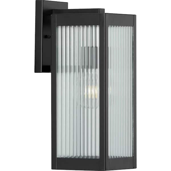 Felton Collection 1-Light Matte Black Clear Ribbed Glass Craftsman Outdoor Medium Wall Lantern Light