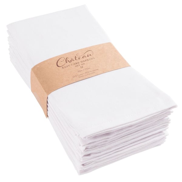 KAF HOME Chateau, Easy-Care Cloth Dinner Napkins, White,Cotton Poly, 20 x  20 in., Set of 12 in. POLY-NP-2020-S12-WH - The Home Depot