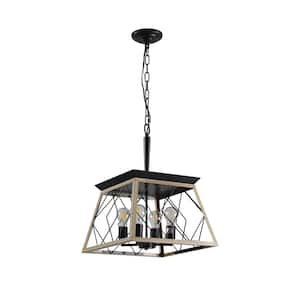 Gelsenkirchen 4-Light Oak Finish Industrial Farmhouse Square Chandelier for Kitchen Island with No Bulbs Included