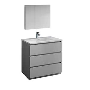 Lazzaro 36 in. Modern Bathroom Vanity in Gray with Vanity Top in White with White Basin and Medicine Cabinet