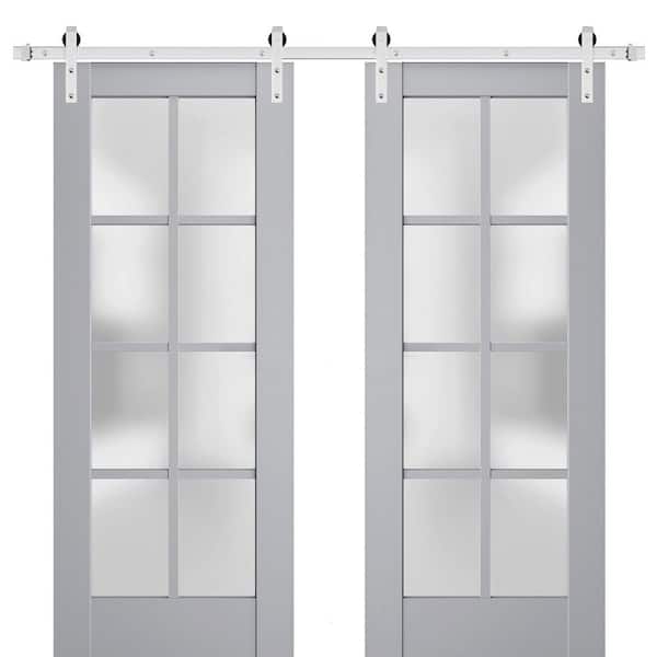 32 in. x 84 in. 2 Panel Frosted Glass Matte Grey Solid Wood Sliding Barn Door with Hardware Kit