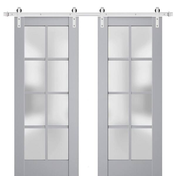 42 in. x 96 in. 2 Panel Frosted Glass Matte Grey Solid Wood Sliding Barn Door with Hardware Kit