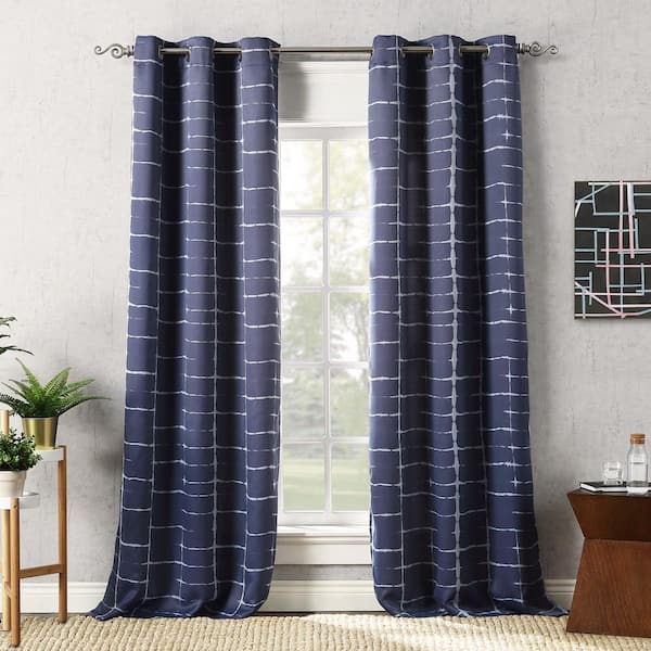 Saki Shibori Print Navy Blue Polyester 40 in. W x 63 in. L Grommet Blackout Curtain (Single Panel)