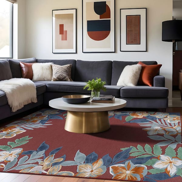 Eden 6 ft. x 9 ft. Red  Washable Border Floral Indoor Outdoor Area Rug