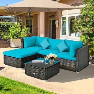 5-Piece Wicker Patio Conversation Set with Turquoise Cushions