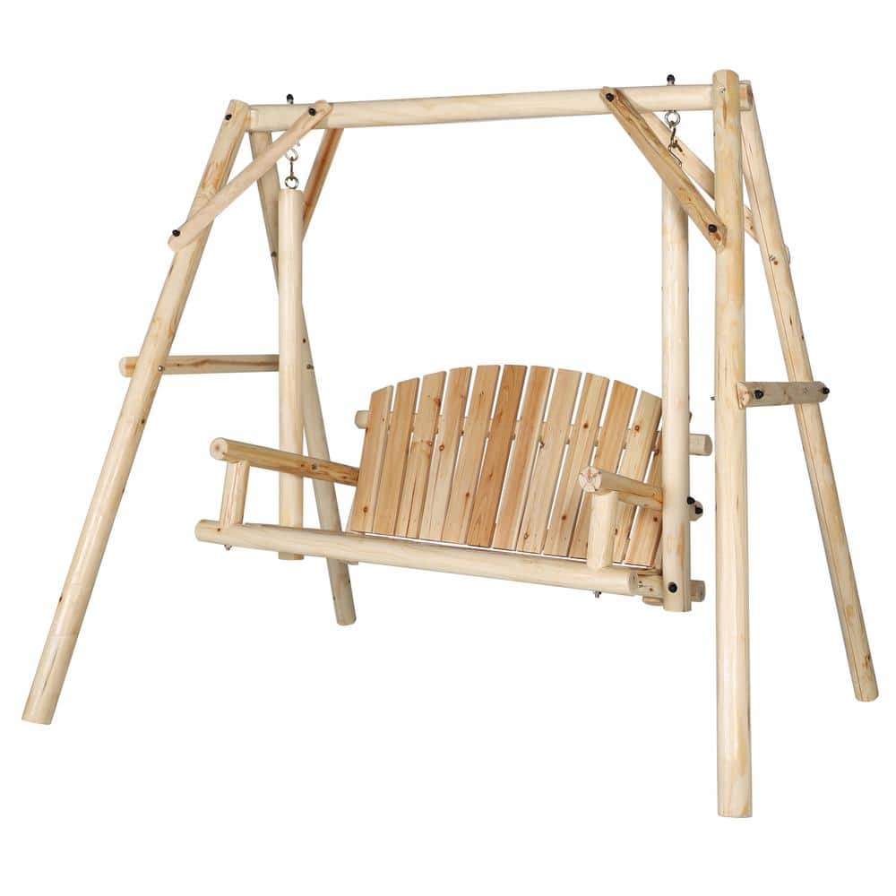 VEIKOUS 4.4 ft. 2Person Natural Fir Wood Patio Swing with AFrame
