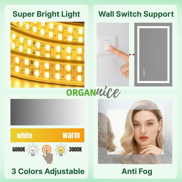 40 in. W x 24 in. H Rectangular Frameless LED Light Anti-Fog Wall Mount Bathroom Vanity Mirror Super Bright
