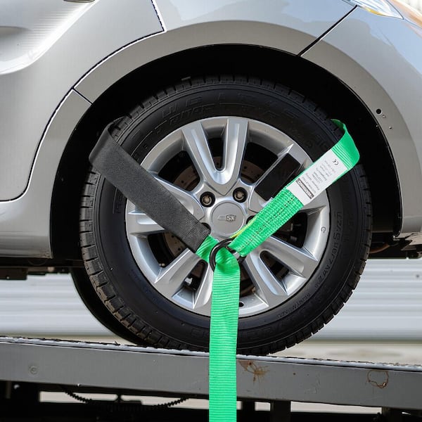 Wheel Chock Tie-Down Kit, Tire-Style Tow Dolly Strap, Car Tie Down Kit with Heavy-Duty Hook, Break Strength 10009 lbs.