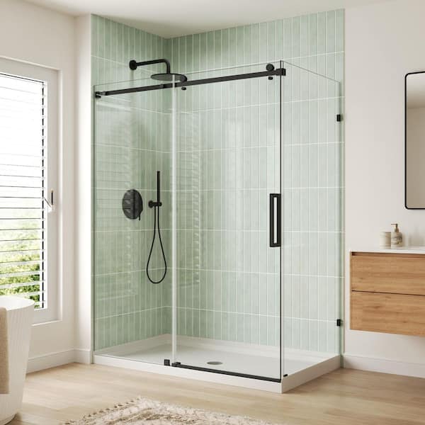 56-60 in. W x 34 in. D x 76 in. H Frameless Corner Sliding Shower Enclosure in Matte Black with 5/16 in. Clear Glass
