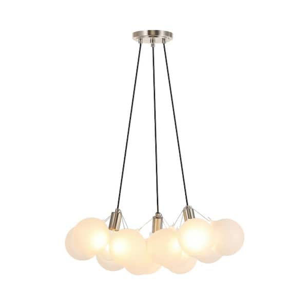 JONATHAN Y Aubrey 24 in. 3-Light White/Brushed Nickel Chandelier Mid-Century Glam Frosted Glass Orb LED