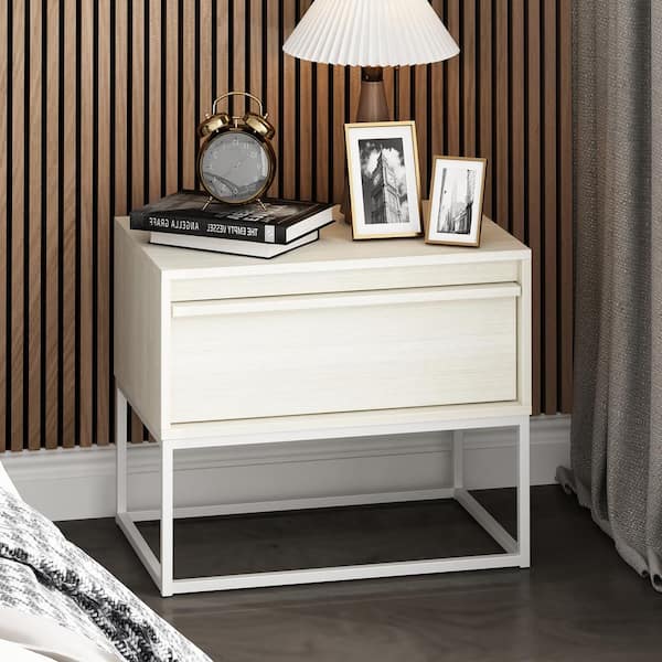 FUFU&GAGA 23.6 in. W Beige Wood Rectangle Side Table with Drawer, Metal Legs