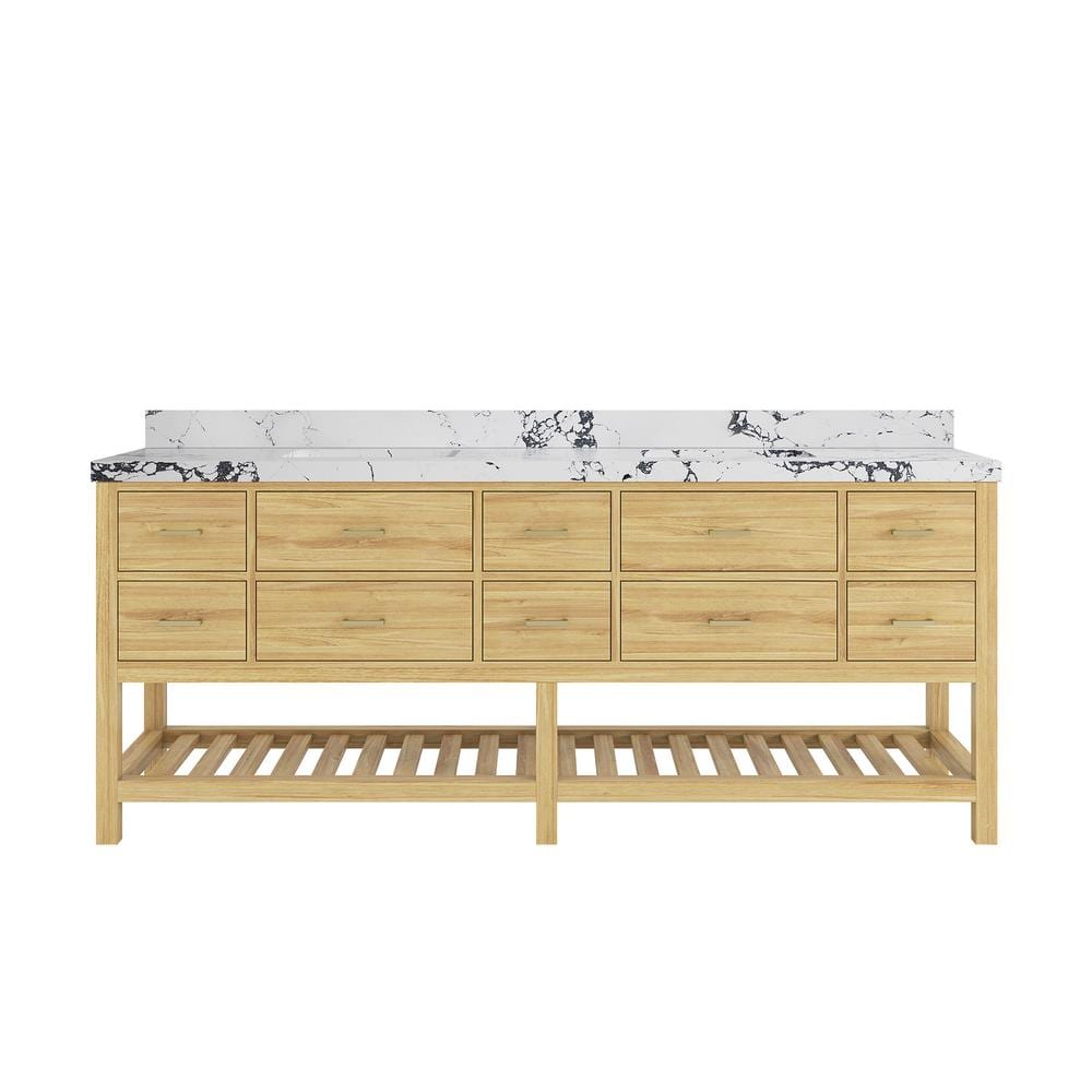 Parker Teak 84 in. Double Sink Freestanding Light Natural Bath Vanity with Regular Viola Night Quartz Top Unassembled price history on PriceWatchPro