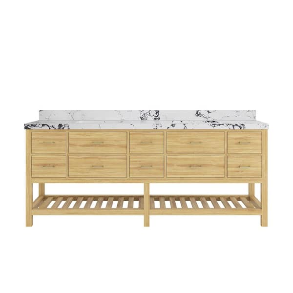 Willow Collections Parker Teak 84 in. Double Sink Freestanding Light Natural Bath Vanity with Regular Viola Night Qt. Top Unassembled