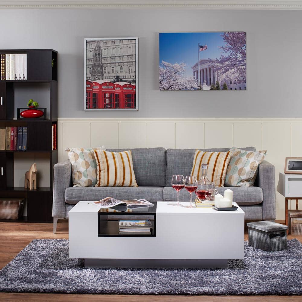 Murphey 47-inch White and Black Glass Top Coffee Table with Storage