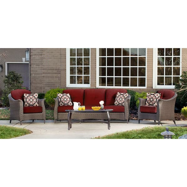 Hanover Gramercy 4-Piece All-Weather Wicker Patio Deep Seating Set with Crimson Red Cushions