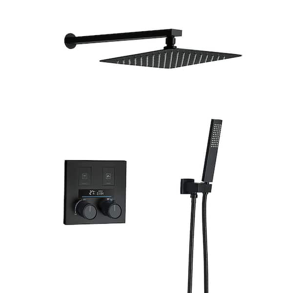 2-Spray Wall Mount Dual Handle Thermostatic Showerhead Faucet with Handheld Shower 1.59 GPM in Matte Black