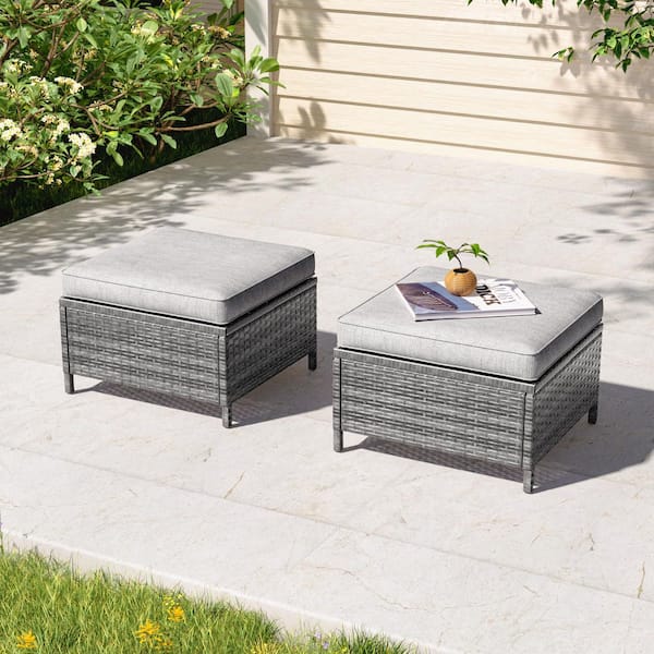 Sonkuki 2-Piece Steel Frame Gray Wicker Outdoor Ottoman with Linen Gray Cushions
