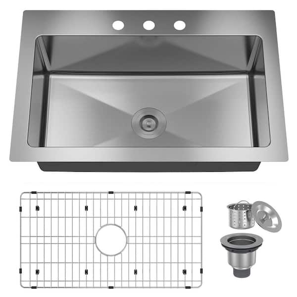 33 in. Drop-In Single Bowl 18 Gauge Brushed Stainless Steel Workstation Kitchen Sink with Bottom Grid and Drain Assembly