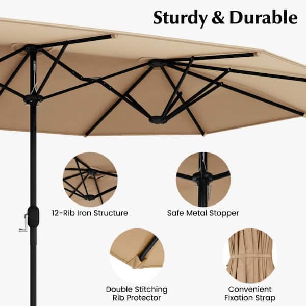 10-Piece Wicker PE Rattan Patio Conversation Dining Set with 71 in. Table, Beige Cushions, 15 ft. Umbrella and Base