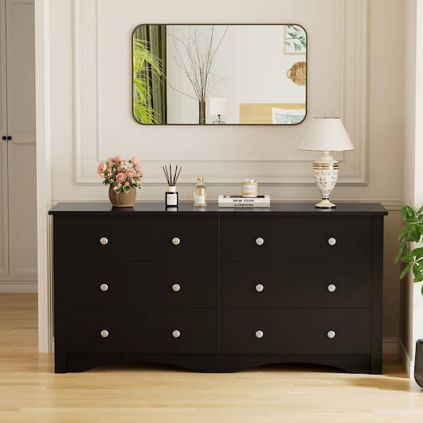 58 in. 6 Drawer Double Dresser, Wide Wood Chest Of Drawers Storage Tower Storage for Living Room Bedroom, Black