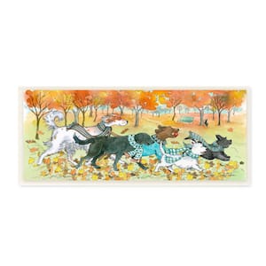 "Dogs Running in Autumn Leaves Fall Animals" by Sherri Buck Baldwin Unframed Animal Wood Wall Art Print 7 in. x 17 in.