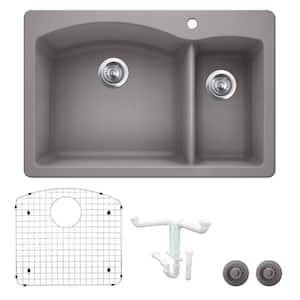 Diamond 33 in. Drop-in/Undermount Double Bowl Metallic Gray Granite Composite Kitchen Sink Kit with Accessories