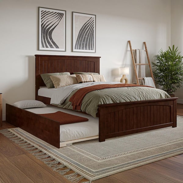 AFI Nantucket Walnut Brown Solid Wood Frame Full Platform Bed with Matching Footboard and Twin Trundle