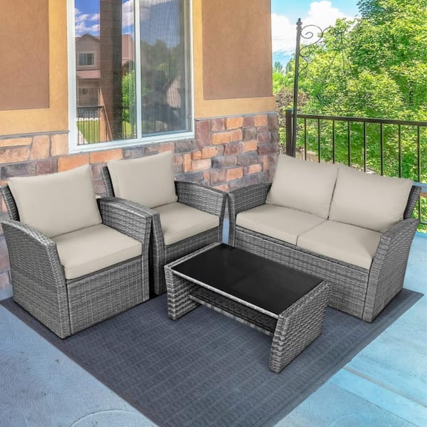 Kadehome 4-Piece Wicker Patio Conversation Set with Beige Cushions