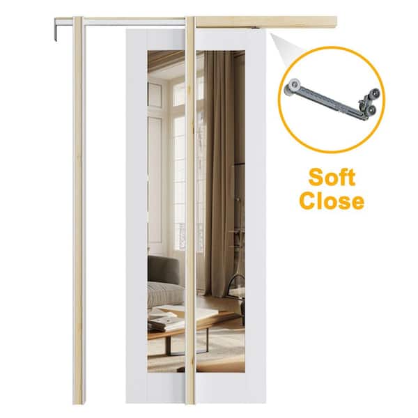 32 in. x 96 in. 1-Lite Mirrored Glass White Primed Wood Sliding Pocket Door with Frame, Hardware Kit and Soft Close