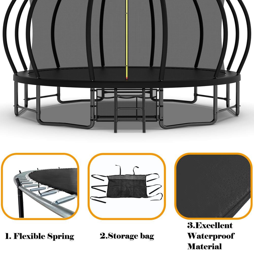 16FT Black Steel Trampoline with Safety Net and Basketball Hoop