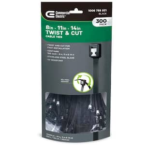 8 in., 11 in. and 14 in. Assorted Twist and Cut Cable Ties, Black (300-Pack)