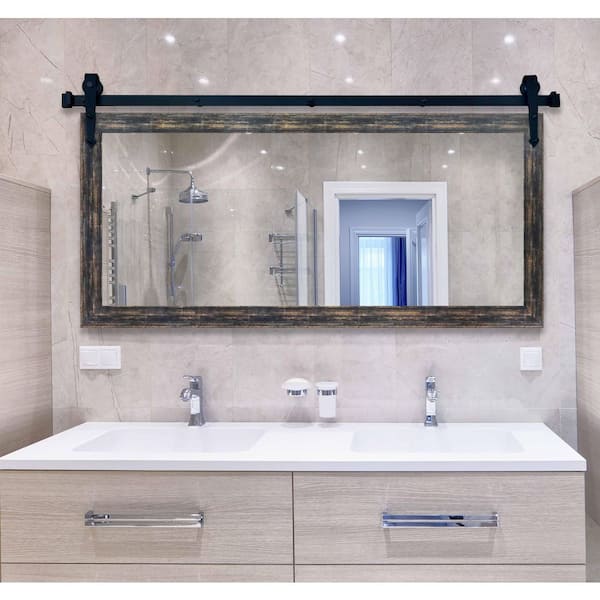 (54 in. W x 31 in. H) Brushed Brown Accent Mirror with Steel Barn Door Rail