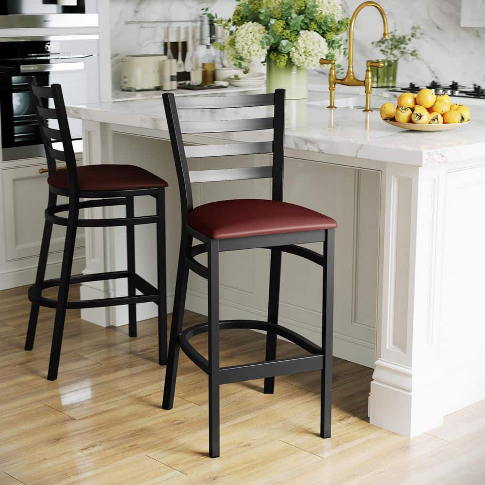 Black Metal Ladder Back Bar Stool with Burgundy Vinyl Seat
