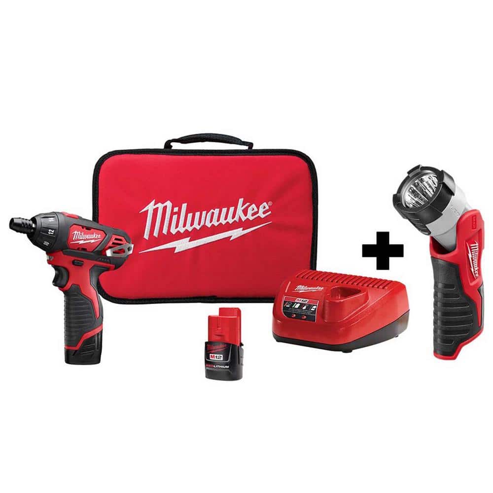 Milwaukee M12 12V Lithium-Ion Cordless 1/4 in. Hex Screwdriver Kit with LED Light, Two 1.5Ah Batteries, Charger and Tool Bag -  2401-22-49-24