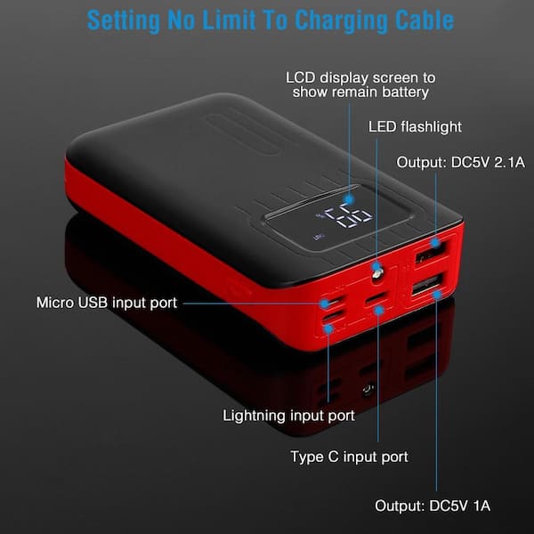 Etokfoks 10000 mAh Portable Power Bank with LCD Display and Lightning Input Ports