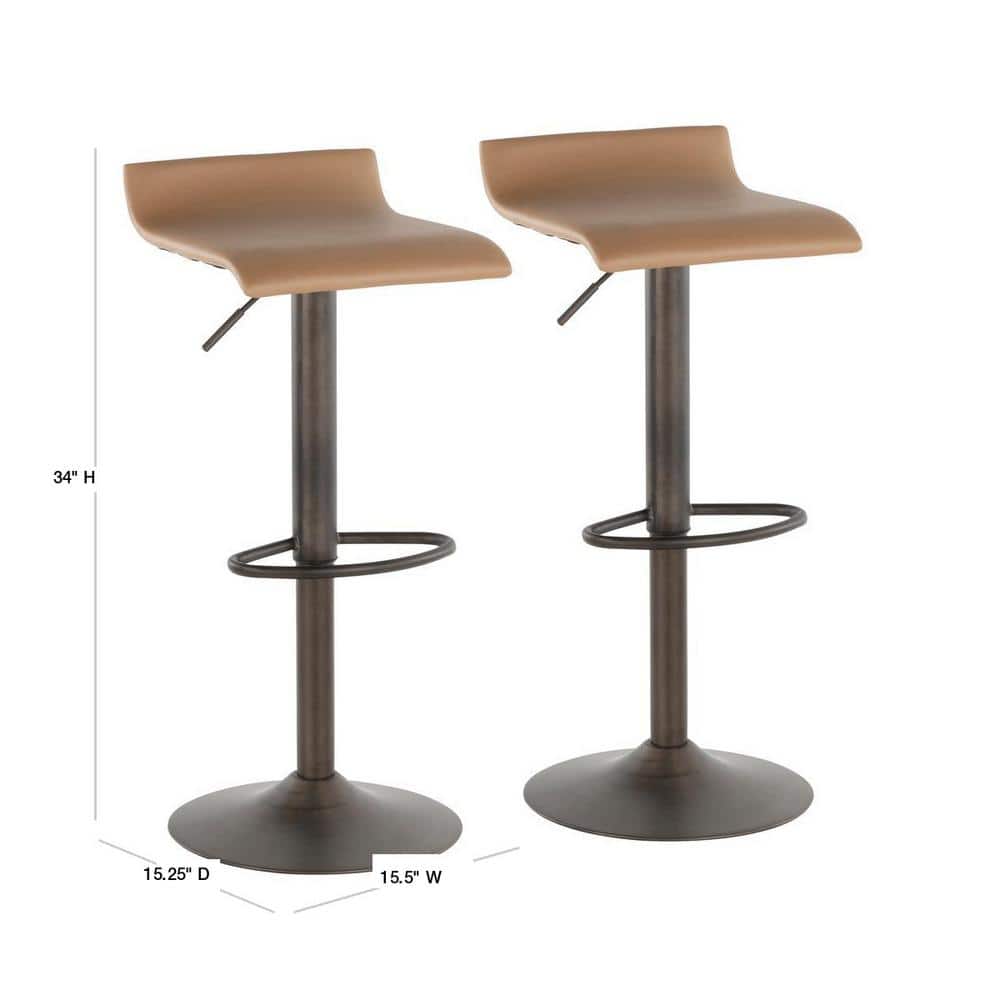 Set of 2 Brown Faux Leather Adjustable Swivel Barstools with Steel Base