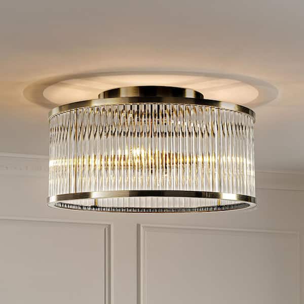 ALOA DECOR 16 in. 4-Light Modern Glam Glass Drum Flush Mount Contemporary Ceiling Light in Antique Bronze for Entryway Bedroom