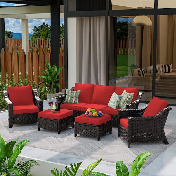 MeetLeisure Patio Sofa Set 5-Piece Outdoor Conversation Set with Red Cushions, 2 Ottomans