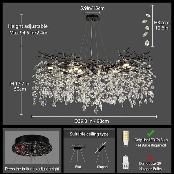 PUYRNF 40 in. 14-Light Black Tree Branch Kitchen Island Chandelier