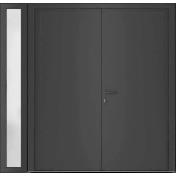 72+ 14 in. x 80 in. Right-hand/Inswing Frosted Glass Antracite Steel Prehung Front Door with Hardware