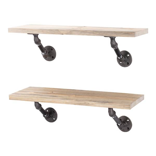 PIPE DECOR 24 in. x 7.5 in. x 6.75 in. Driftwood Tan Restore Wood Decorative Wall Shelf with Industrial Steel Pipe Brackets