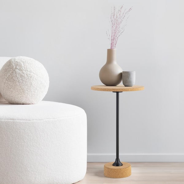 Calix 23.5 in. Contemporary Minimalist Metal/Cork Round End Table, Light Brown/Black