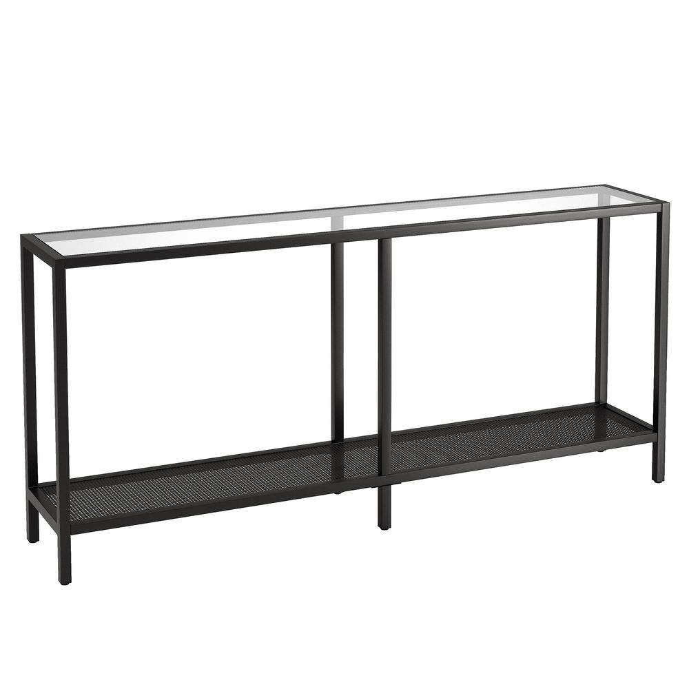 Blackened Bronze 64" Metal and Glass Console Table with Shelves