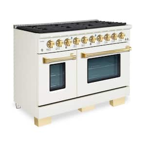 BOLD 48 in. 6.7 CF 8-Burner Freestanding Double Oven Range NG Gas Stove and Gas Oven, AW-RAL 1013 with Brass Trim