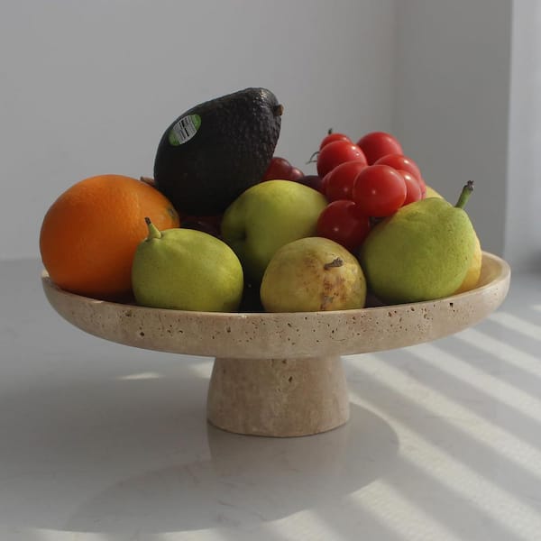 1 Piece 10.2 in. D Natural Travertine Fruit Bowl for Kitchen Counter, Large Decorative Bowl Pedestal for Home Decor