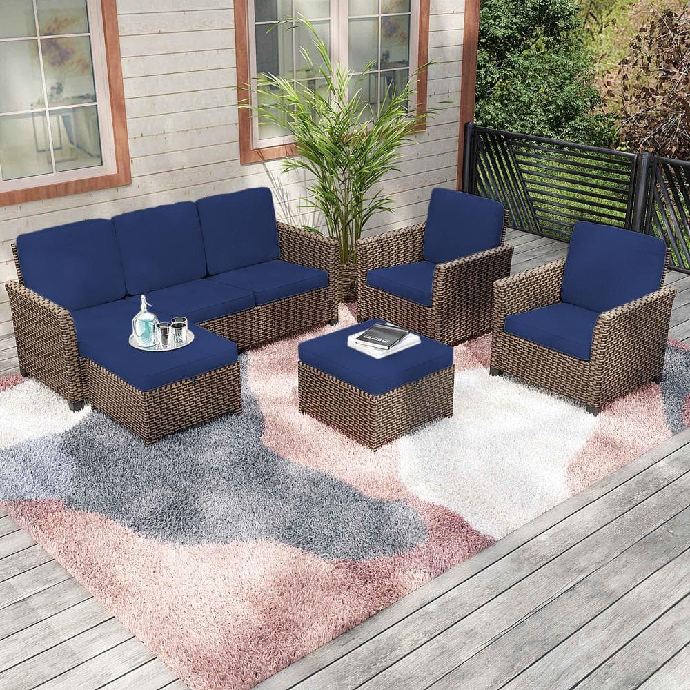 5-Piece Brown Wicker Patio Set with Blue Cushions