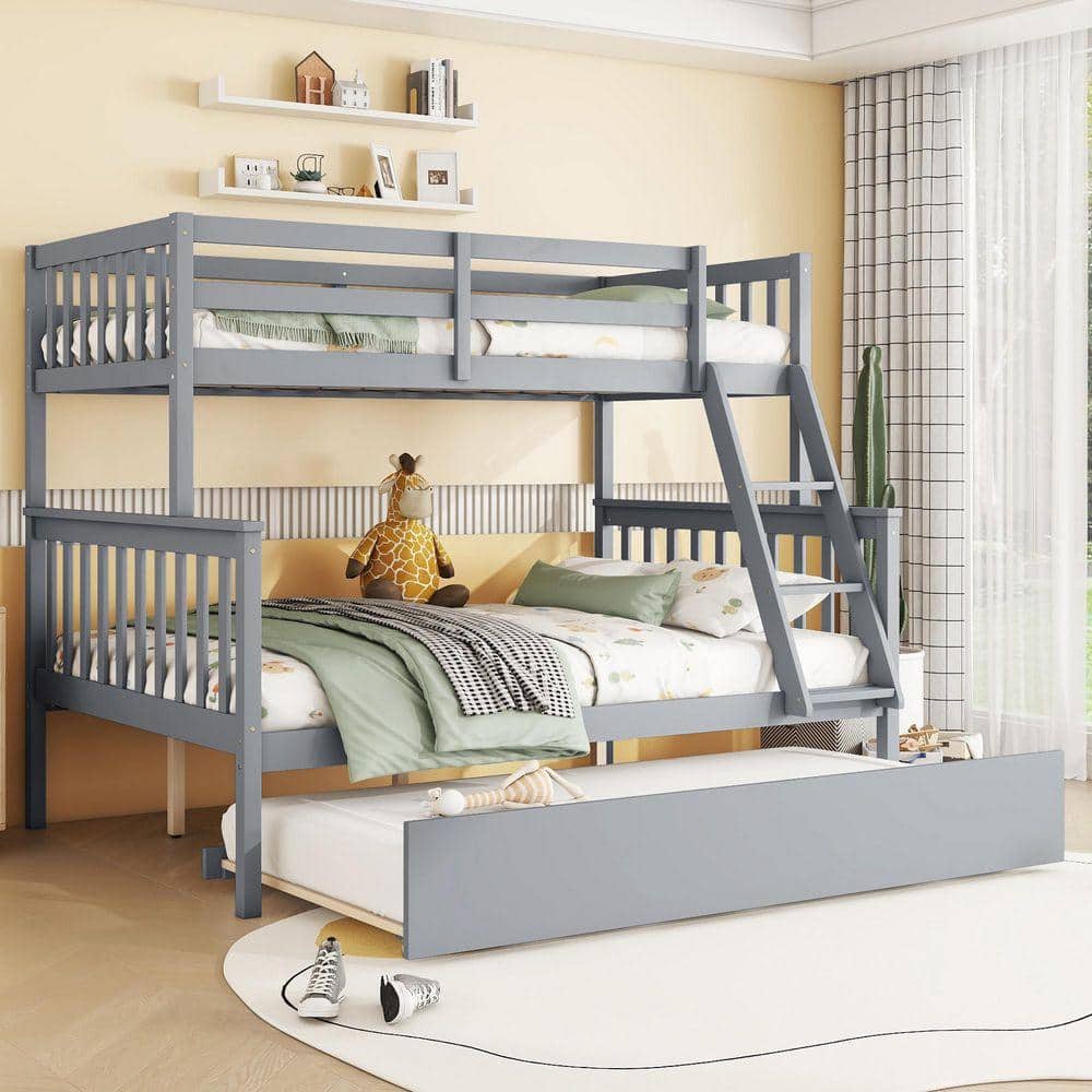 Qualler Gray Twin Over Full Size Bunk Bed with Trundle and Convertible ...