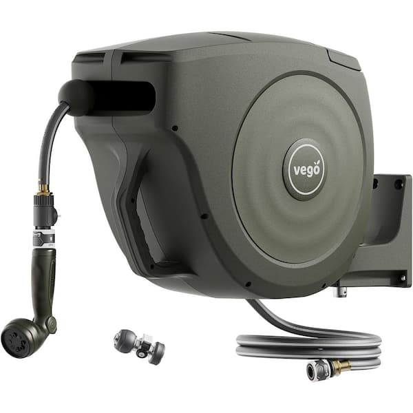 vego garden Hose Reel Retractable 5/8 in. Dia x 100 ft. Wall Mounted Automatic Rewind with Nozzle Quick Connector Seaweed Green
